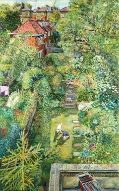 a painting of a garden with lots of trees