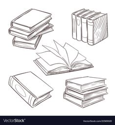 four books and one open book on a white background