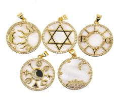 Luxury Shell Pearl Round Necklace Pendant Star Of David Love Star Moon Round Copper Inlaid Zircon Charm Pendant Accessories For DIY Jewelry ☆Size: 32x25mm ☆Link Hole Size: 3.0mm ☆CZ Color: Clear ☆Metal Material: Copper / Zircon / Shell Pearl ☆Metal Finish Color: Yellow Gold,  ☆Plating：Real Gold ,Nikel free, Leadfree,Cadmium free，3 Times Fine Polishing Mirror Finish Plated , not easy to fade   Usage : Bead for bracelet, necklace or other crafts Dear guest: Thank you for entering our store. Free shipping on orders over US $ 100, orders over US $ 200 reduce US $ 10, orders over US $ 500 reduce US $ 30。 We specialize in LARGE BULK ORDERS and can offer WHOLESALE PRICING - We are located in Guangzhou, China and carry big stock for most of our listings . We ship the item to worldwide from China,s Luxury Round Pendant Necklace With Star Charm, Luxury Necklace With Round Star Charm Pendant, Luxury Round Star Charm Jewelry, Luxury Moon Charm Necklace With Round Pendant, Luxury Round Pearl Bracelet With Pendant, Luxury Round Pendant With Pearl Charm, Round Necklace, Star Moon, Love Stars