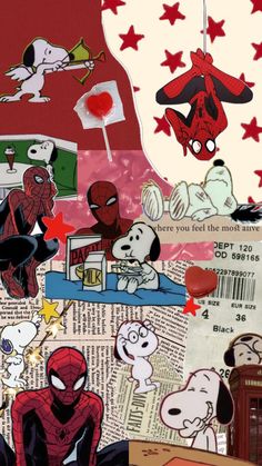 a collage of cartoon characters and their names on newspaper pages with red stars in the background