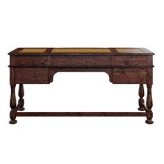 an old wooden desk with glass top and drawers on the bottom, against a white background