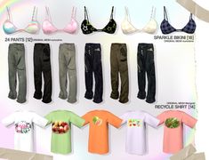 there are many different types of bras and pants on this page, all in various colors