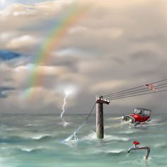 a painting of a boat in the ocean with a rainbow above it and an electric pole sticking out of the water