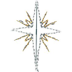 a large metal pole with many yellow and white lights on it's end, in the shape of a snowflake