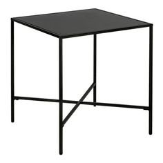 a black table with metal legs and a glass top on an isolated white background, viewed from the side