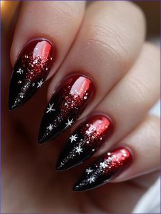 Transform your manicure into a festive masterpiece! These pointed nails combine rich reds, sleek black, and enchanting snowflake designs for a chic winter look. Get inspired to show off your festive style this season! ✨❤️
#acrylicnails #designnails