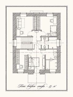 a drawing of a floor plan for a house with stairs and an upper level bedroom