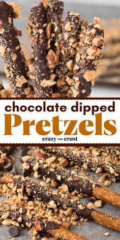 Chocolate Dipped Pretzels are a fast and easy dessert. They’re so fun and great for giving, quick snacks, or dessert tables. Chocolate with pretzel rods and nuts or sprinkles for topping – the salty sweet combination is fabulous – everyone loves these from kids to adults. Pretzel Sticks Recipe, Dipped Pretzels, Pretzel Rods Dipped, Fast Easy Desserts, Chocolate Sticks, Popcorn Treats, Chocolate Dipped Pretzels, Easy Chocolate Desserts, Yummy Desserts Easy