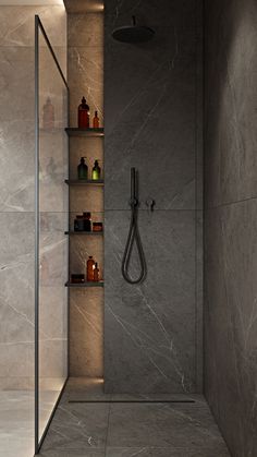 a bathroom with a shower and shelves in it