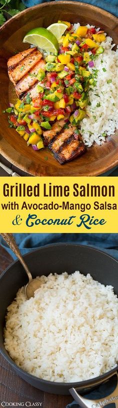 grilled lime salmon with avocado - mango salsa and coconut rice in a skillet