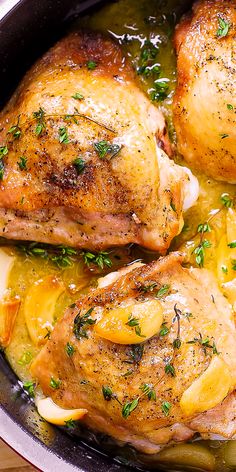 Garlic Thyme Chicken Thighs with Gravy #sponsored #chicken #garlic Skin On Bone In Chicken Thigh Recipes Crockpot, Chicken Thighs With Gravy, Roast Whole Garlic, Chicken Thyme, Julia's Album, Red Pan, Lemon Thyme Chicken, Hot Dog Party, Awesome Chicken