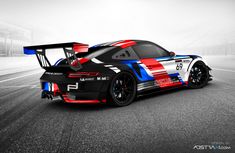 the new porsche gtr race car is shown in black and red, white and blue