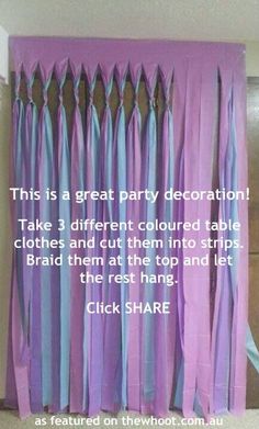 this is a great party decoration take 3 different colored table cloths and cut them into strips