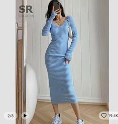 Trendy Long Sleeve Sweater Dress For Summer, Trendy Ribbed V-neck Sweater Dress, Trendy Blue Long Sleeve Bodycon Dress, Light Blue Long Sleeve Bodycon Dress, Long Sleeve Blue Sweater Dress For Spring, Trendy V-neck Bodycon Sweater Dress, Chic Blue Stretch Sweater Dress, Casual Blue Sweater Dress For Spring, Trendy Bodycon Sweater Dress For Spring