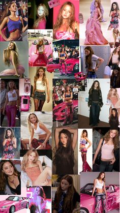 the collage shows many different pictures of women in pink outfits and clothes, including one woman