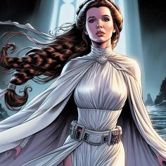 a woman with long hair in a white dress standing next to a giant star wars poster