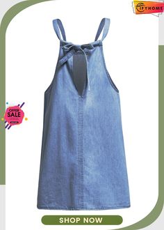 Sky Blue Halter Neck Denim Tank Top Trendy Blue Chambray Denim Dress, Blue Denim Dress For Day Out, Blue Denim Dress For Spring, Casual Light Indigo Denim Top For Summer, Casual Denim Blue Top For Spring, Blue Chambray Denim Top For Day Out, Casual Blue Denim Dress, Casual Light Wash Denim Dress, Light Blue Denim Top For Spring