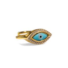 Embrace elegance and spiritual protection with the Turquoise Evil Eye & Diamond Gold Statement Ring. Crafted with an 18k gold-plated sterling silver band, this stunning ring features a vibrant turquoise enamel evil eye at its center, surrounded by shimmering Cz diamonds. Designed to offer both style and protection, this chic ring is perfect for adding a touch of sophistication to your look while guarding against negative energies.  A must-have accessory for those who value both fashion and meaning. Details 18K Gold plated on sterling silver Blue enamel Cz diamond Adjustable size Avoid contact with chemicals, makeup, perfume. Do not use dips or abrasive cleaners on ring. To clean and brighten it up your ring, wipe them gently with jewelry polishing cloth. Chic Rings, Spiritual Protection, Gold Statement Ring, Forever Jewelry, Turquoise Rings, Diamond Gold, Cz Diamond, Cuff Earrings, Fine Jewellery Necklace