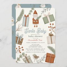 a baby shower is shown with presents on the front and back of it's card