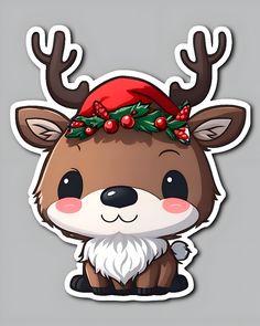 a sticker with an image of a reindeer wearing a santa hat and holly berries