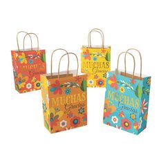 six colorful shopping bags with the words happy birthday written on them and flowers all over them