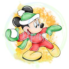 a drawing of mickey mouse in red and green with his arms spread out to the side