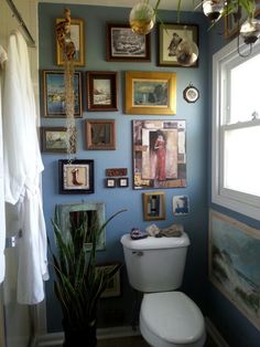 a bathroom with pictures on the wall and a toilet in the corner next to a potted plant