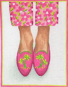 a painting of pink shoes with flowers on them