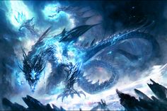 a large blue dragon in the middle of a dark sky with many smaller ones around it