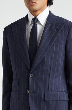 Pinstripes point up the precision tailoring of this structured suit cut from sumptuous wool in a single-breasted silhouette and framed with wide peaked lapels. Jacket has two-button closure; peaked lapels; four-button cuffs; chest welt pocket; front flap pockets; ticket pocket Trousers have zip fly with button-tab closure; front slant pockets; back button-welt pockets; adjustable waist Jacket is partially lined Trousers are unhemmed 100% wool Dry clean Made in Italy Designer Clothing Elegant Pinstripe Suits For Work, Elegant Fitted Pinstripe Double Breasted Suit, Elegant Pinstripe Blazer, Pinstripe Double Breasted Business Suit, Pinstripe Double Breasted Suit For Business Casual, Pinstripe Double Breasted Business Casual Suit, Tailored Striped Double Breasted Suit For Business Casual, Tailored Striped Double-breasted Suit For Business Casual, Striped Double Breasted Suit For Semi-formal Occasions