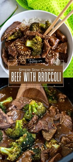 beef and broccoli in a slow cooker with chopsticks on the side