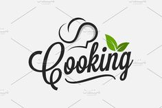 the word cooking written in cursive writing with a green leaf on top of it