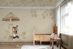 a child's room with an umbrella and wallpaper