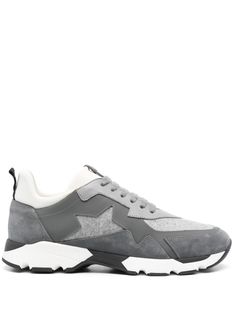 grey/white calf leather front lace-up fastening chunky rubber sole branded insole pull-tab at the heel panelled design knitted upper logo patch at the tongue round toe Iconic Sneakers, Iconic Bags, Grey Sneakers, Sneakers Grey, Summer Beach Wear, Flat Boots, Ballet Flat Shoes, Pump Sandals, Ski Wear