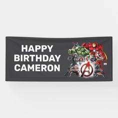 an iron man birthday banner with the words happy birthday cameron and avengers characters on it