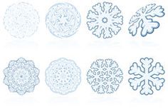 six snowflakes are shown in various sizes and shapes, including one that is white