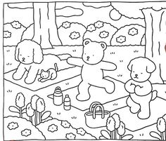 a coloring page with teddy bears in the woods