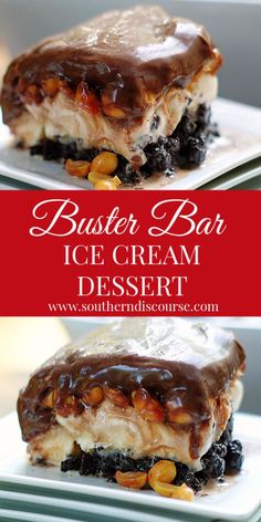 two desserts with chocolate frosting and nuts on top, one is covered in ice cream