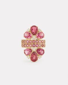 18K Yellow Gold Pear Shape Pink Tourmaline and Diamond Mirrored Ring, .18 TCWOrnament is 1 1/8 Inch Long x 3/8 Inch Wide Style# YRMPPTW Diamond Mirror, Hand Rings, Red Ring, Pear Ring, Right Hand Rings, Rose Gold Jewelry, Creative Jewelry, Treasure Chest, Pink Diamond