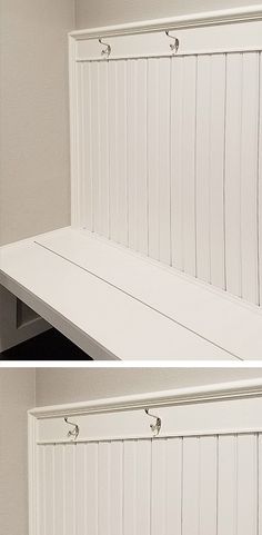 two pictures of the same bench in different stages of being painted with white paint and wood slats