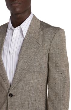 This single-button suit jacket with crisp notched lapels is crafted in Italy from a textured, silk-kissed melange fabric colored in neutral hues. 32 1/2" length (size 40) One-button closure Notched lapels Chest patch pocket; front patch pockets Functional three-button cuffs Back vent Partially lined 62% viscose, 38% silk Dry clean Made in Italy Designer Clothing Classic Structured Blazer For Formal Occasions, Elegant Single-breasted Tweed Jacket With Notch Lapel, Elegant Single Breasted Notch Lapel Tweed Jacket, Beige Tweed Jacket With Notch Lapel For Formal Occasions, Classic Formal Single-breasted Tweed Jacket, Formal Beige Tweed Jacket, Elegant Single Button Linen Sport Coat, Classic Beige Tweed Jacket With Notch Lapel, Formal Beige Tweed Jacket With Hidden Buttons