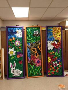 three panels made out of plastic beads with flowers and rabbits on them in a classroom setting