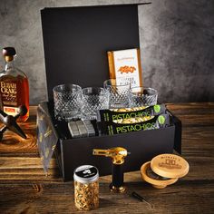 a gift box filled with liquor and other items