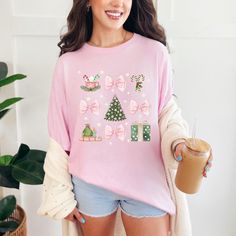 Christmas T-shirt for Women, Christmas Gift for Her, Cute Christmas T-shirt, Gift for Mom, Holliday Season Shirt, Pink Christmas Tee - Etsy Cute Holiday T-shirt For Winter, Cute Winter Holiday T-shirt, Cute Pink Christmas T-shirt, Cute Long Sleeve T-shirt For Holiday, Christmas Pink T-shirt With Letter Print, Pink Christmas T-shirt With Letter Print, Cute Winter T-shirt For Gift, Pink Crew Neck T-shirt For Holidays, Cute Long Sleeve Holiday T-shirt