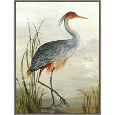 a painting of a bird with long legs and an orange beak standing in tall grass