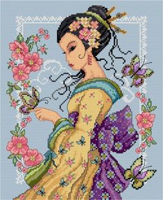 a cross stitched picture of a woman with flowers and butterflies