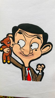 a drawing of a man holding a teddy bear in his right hand and wearing a suit