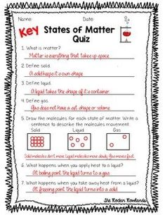 the states of matter quiz is shown in red and white with black writing on it