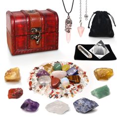 PRICES MAY VARY. 【Healing Crystals Set】: 7pcs therapy raw chakra stones, 10pcs tumbled stone, 1pc spiritual pink healing crystal necklace, 1pc natural pink crystal pendulum, 1pc white crystal pyramid, crystal Pillar, 50g natural colorful stones assorted mix with gift wooden crystal box & 2 storage bags. 【High Quality Materials】: These cristals and stones are made of high quality crystal materials, which are not easy to break, heat-resistant, smooth surface, fine workmanship, comfortable and reli Pendulum Aesthetic, White Pyramid, Best Healing Crystals, Chakra Balance, Meditation Accessories, Crystal Reed, Crystal Pendulum, Lava Bracelet, Crystal Pyramid