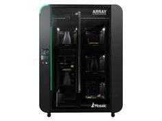 the armay machine is black and has green trim on it's sides, with two doors open